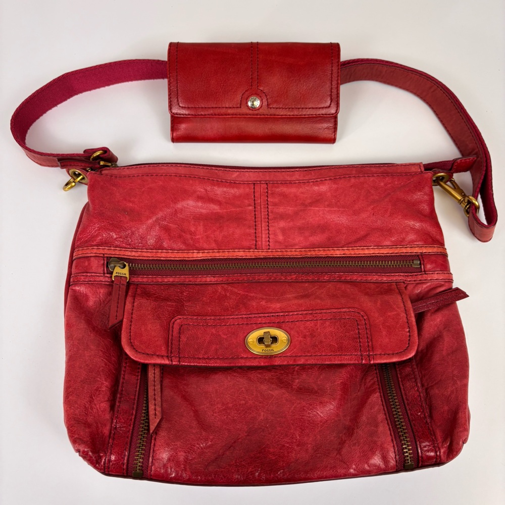 Fossil 2-Pc Set Leather Crossbody Purse Leather Organizer Clutch Wallet Red - Picture 1 of 15